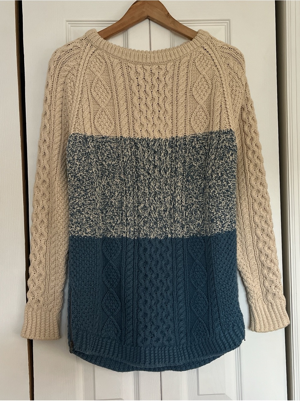 L.L.Bean Signature Colorblock Cable Knit Sweater - Cream and Blue